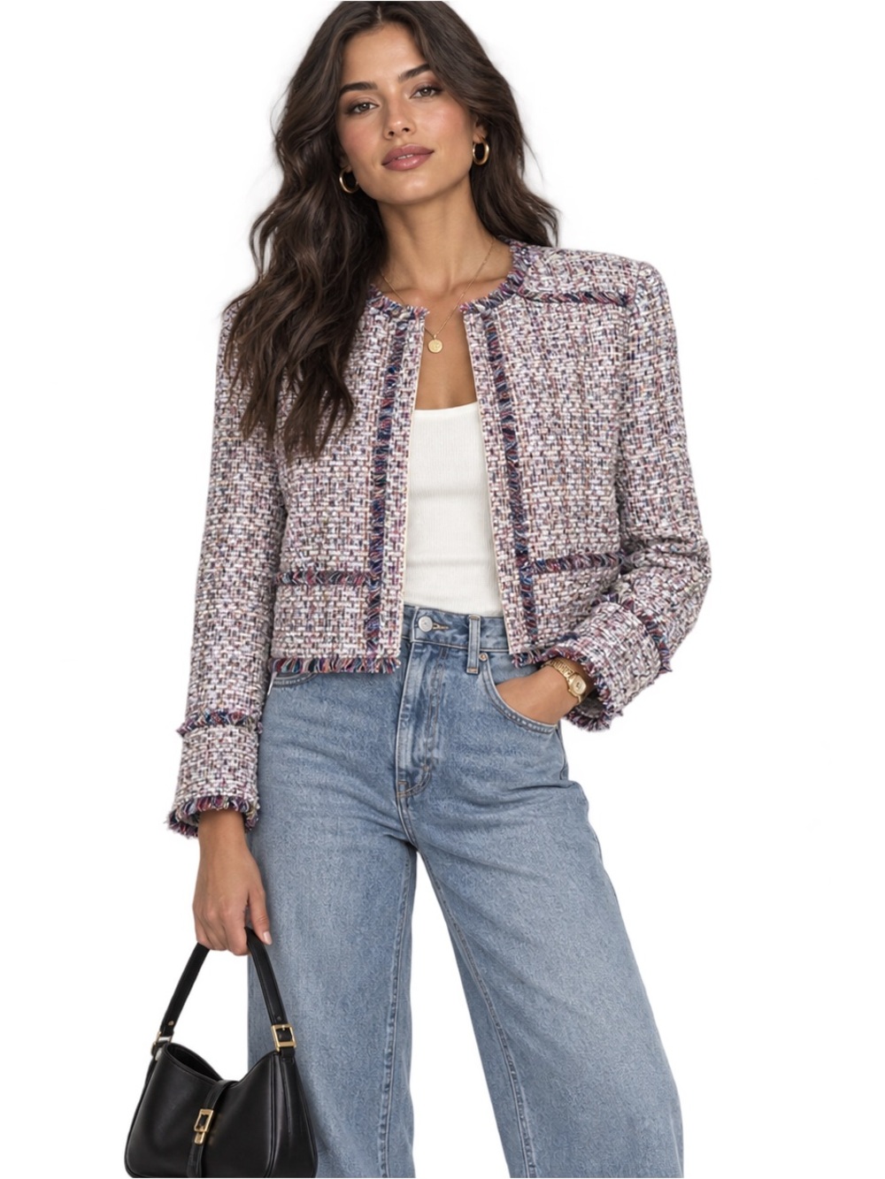 Carolina Belle Montreal Tweed Fringe Multicolor Jacket Size Medium